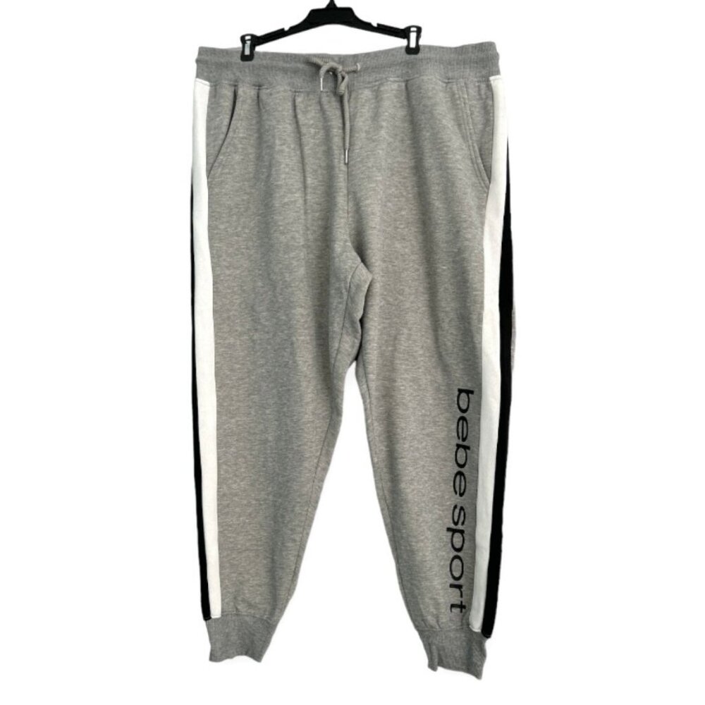 bebe Women's Sport Fleece Drawstring Waist Jogger Sweatpants Gray/Black/White - Picture 3 of 9